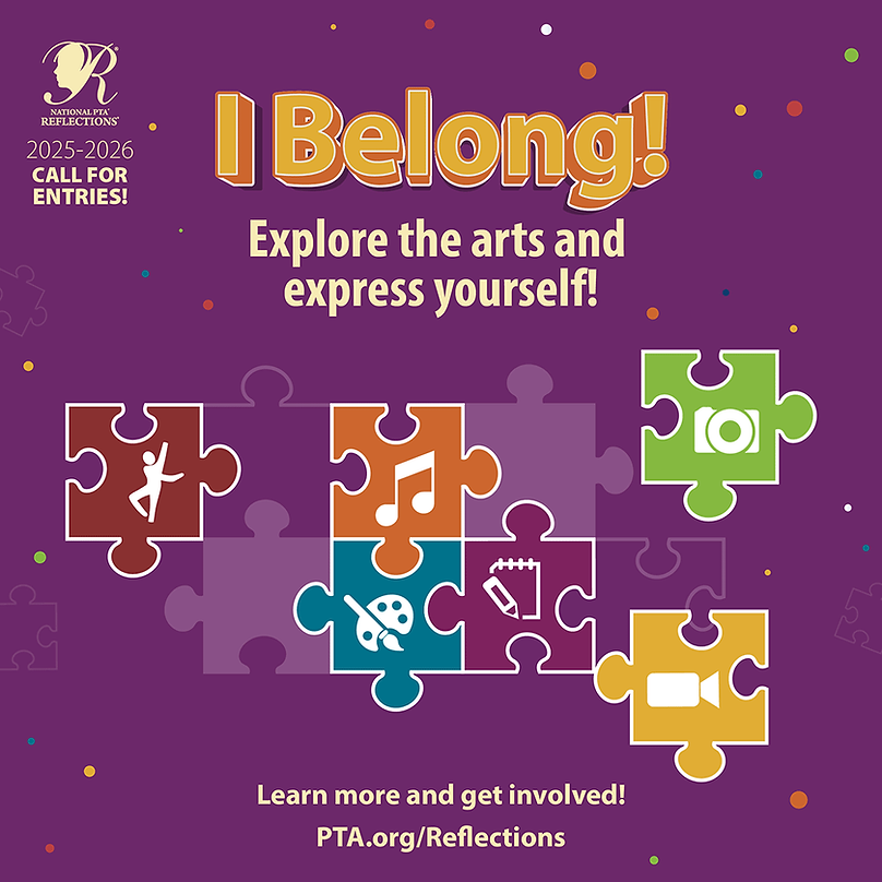 2025-2026 PTA Reflections call for entries poster. Theme: I Belong!